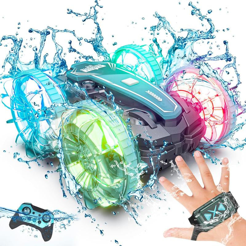 Amphibious Remote Control Cars Boat, 4WD Gesture RC Car with Waterproof Remote Control, All Terrain RC Stunt Car with LED Lights, Pool Toys for Kids Ages 8-12, Kids Toys Gifts for Boys Girls