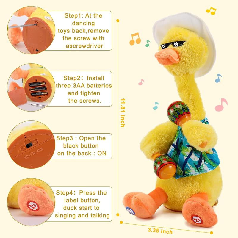 MIAODAM Talk Back Duck Toy, Electric Dancing Light up Rattles Toys, Recording & Repeating, Singing & Dancing, 60 Songs (Drum Dancing Duck)