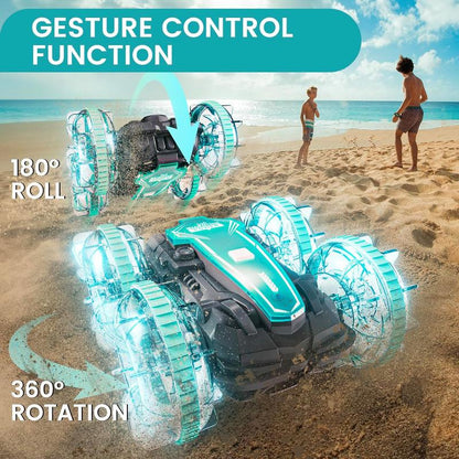 Amphibious Remote Control Cars Boat, 4WD Gesture RC Car with Waterproof Remote Control, All Terrain RC Stunt Car with LED Lights, Pool Toys for Kids Ages 8-12, Kids Toys Gifts for Boys Girls